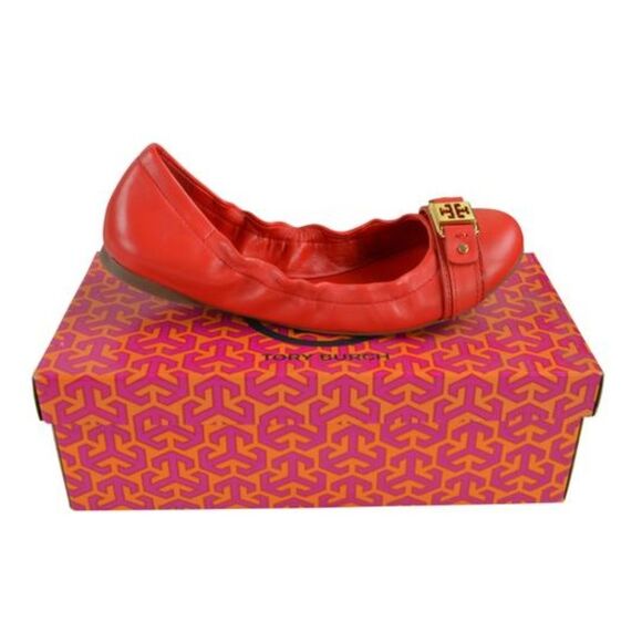 Tory Burch Ambrose Leahter Balleria Ballet Flats 8 Orange - Picture 1 of 6
